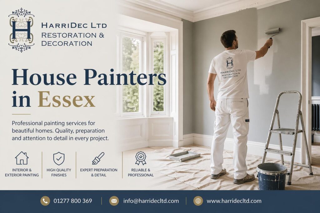 House painters in Essex decorating interior wall with professional finish by HarriDec Ltd