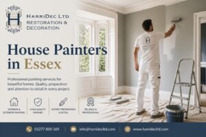 House painters in Essex decorating interior wall with professional finish by HarriDec Ltd