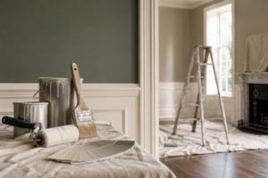 Painting and decorating tools prepared inside a renovated Essex home before professional interior decorating work begins
