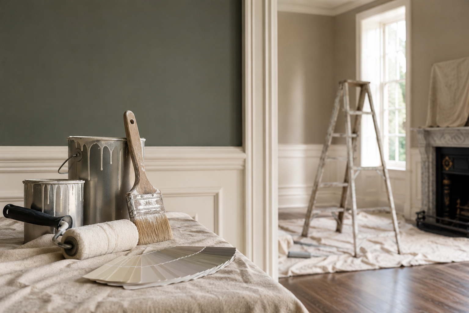Painting and decorating tools prepared inside a renovated Essex home before professional interior decorating work begins